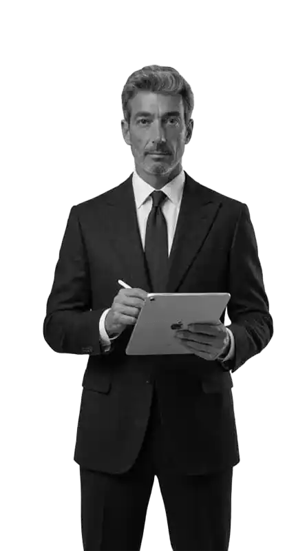 Portrait of the Gonzo Private Office founder in Marbella, standing against a red circle brand element, representing structural audit authority and strategic asset intelligence.