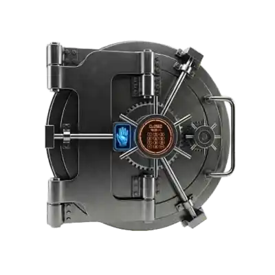 High-security monolithic titanium vault sphere with holographic interface for UHNW escrow transactions, isolated on white.