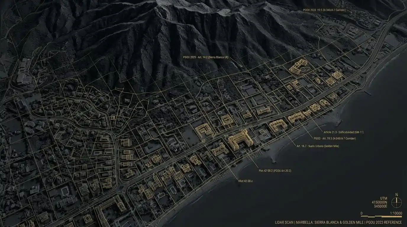 Technical LiDAR scan of Marbella by Gonzo Private Office, featuring a structural audit grid over the Golden Mile and Sierra Blanca for strategic real estate analysis.